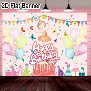 2D flat banner, 1pcPastel Pink Birthday Celebration Backdrop with Ballerina and Colorful Party Elements, Happy Birthday Decoration for Festive Events, Charming Pink Cake, Balloons, Party Hats, and Confetti, Ideal for Birthday Greetings and Celebratio