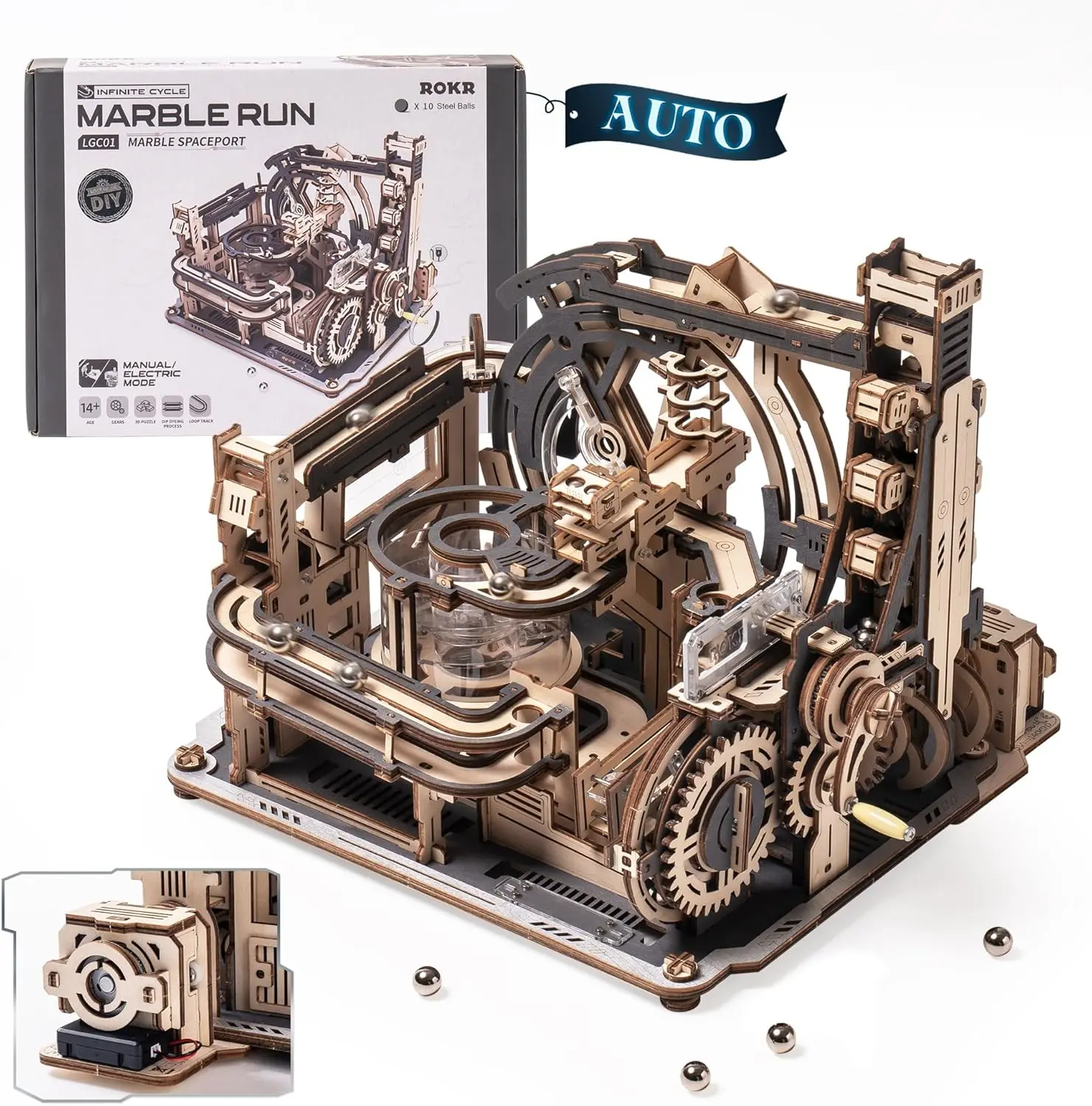 【self-assembly puzzle】ROKR Marble Spaceport Marble Run 3D Wooden Puzzle LGC01, Electric Marble Run Model Kits, 2025 New Wooden Puzzles for Adults, Wooden Model Kits, Creative Gifts for Adults&Teens