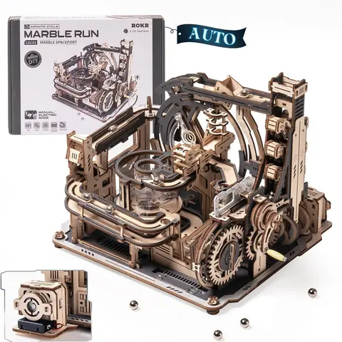 【self-assembly puzzle】ROKR Marble Spaceport Marble Run 3D Wooden Puzzle LGC01, Electric Marble Run Model Kits, 2025 New Wooden Puzzles for Adults, Wooden Model Kits, Creative Gifts for Adults&Teens