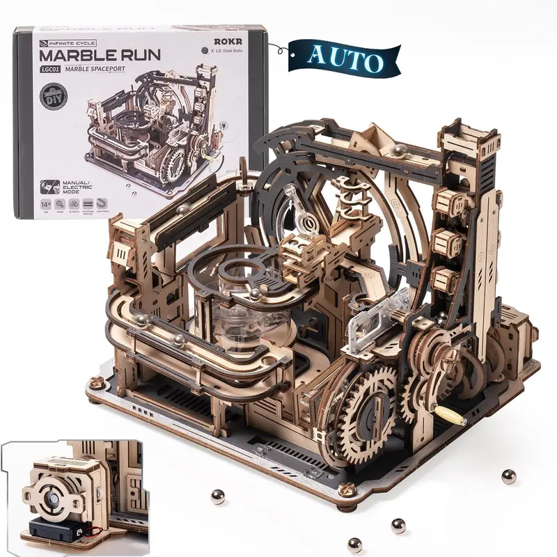 【self-assembly puzzle】ROKR Marble Spaceport Marble Run 3D Wooden Puzzle LGC01, Electric Marble Run Model Kits, 2025 New Wooden Puzzles for Adults, Wooden Model Kits, Creative Gifts for Adults&Teens