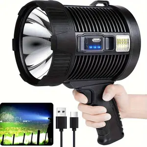 LED Spotlight Rechargeable USB Solar Charging IPX5 Waterproof Handheld Flashlight with 6 Modes for Hunting Camping Boat Foldable Tripod Impact Resistant