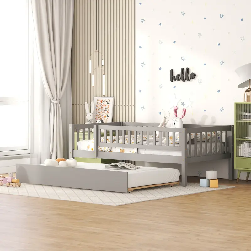 Twin Size Daybed with Trundle, Wood Twin Platform Bed Frame with Rails, No Box Spring Needed, Easy Assembly