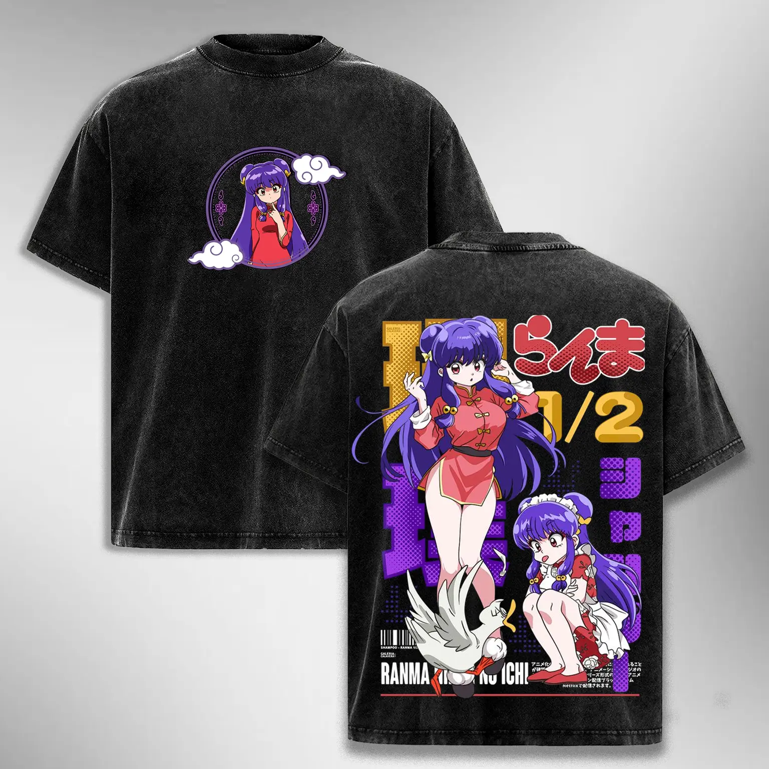 Ranma 1/2 Shampoo Vintage Washed T-Shirt Anime Graphic Tee Japanese Manga Shirt Oversized Unisex Streetwear Heavyweight Cotton Crewneck Premium Wash Tee Black Casual Graphic Tee 90s Trendy T-Shirt