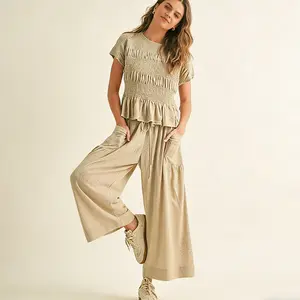 Women’s 2-Piece Smocked Top & Wide-Leg Pants Set–High-Waisted Lounge Teacher's Outfit with Pockets Casual Boho Matching Set Mother's Day gift