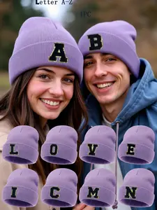 Unisex Classic Beanie Hat, Adjustable Roll-Top, Simple Letter Pattern, Winter and Fall A-Z Wool Ball Knit Cap, Warm Comfortable Knit Hats