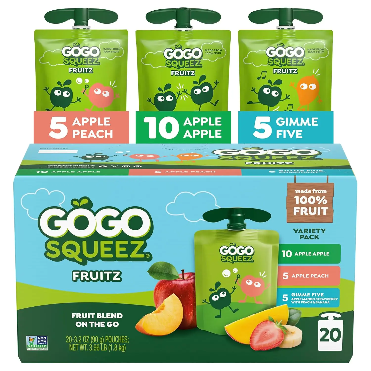 GoGo squeeZ No Sugar Added Applesauce & Fruit Puree Variety Pack - Apple, Peach, 5! - 3.2 oz Recloseable BPA-Free Pouches (Pack of 20) - Gluten-Nut Free Kids' Fruit Snacks
