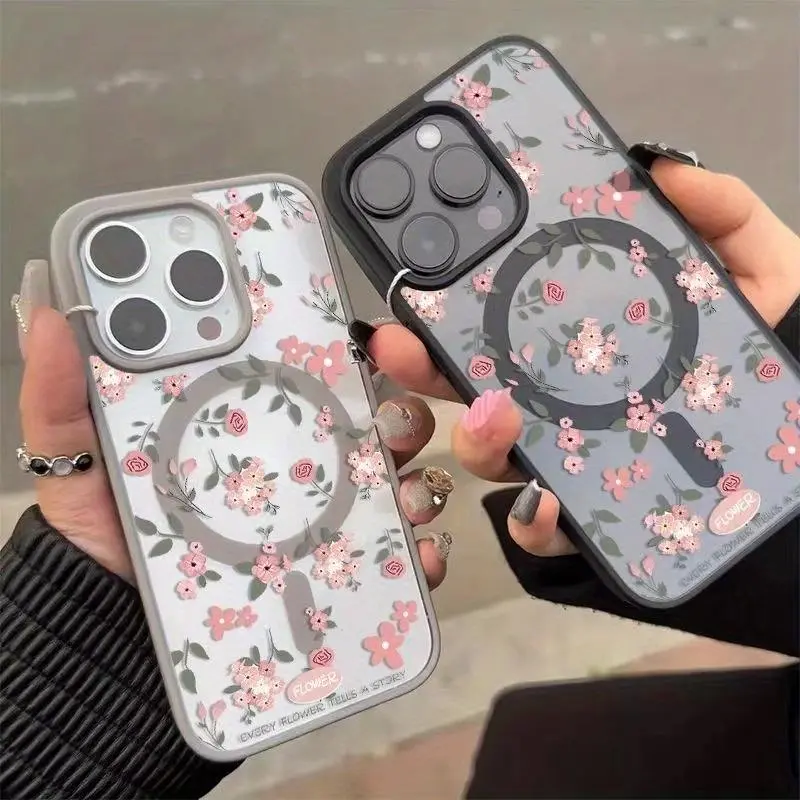 Transparent Small Floral Polycarbonate iPhone Casing - Durable, Shockproof, Full-Screen View, Built-In Magnetic Circular Soft Shell, Smartphone-Cellphone Cover Accessory for iPhone 11-17 Pro Max, Air, Plus
