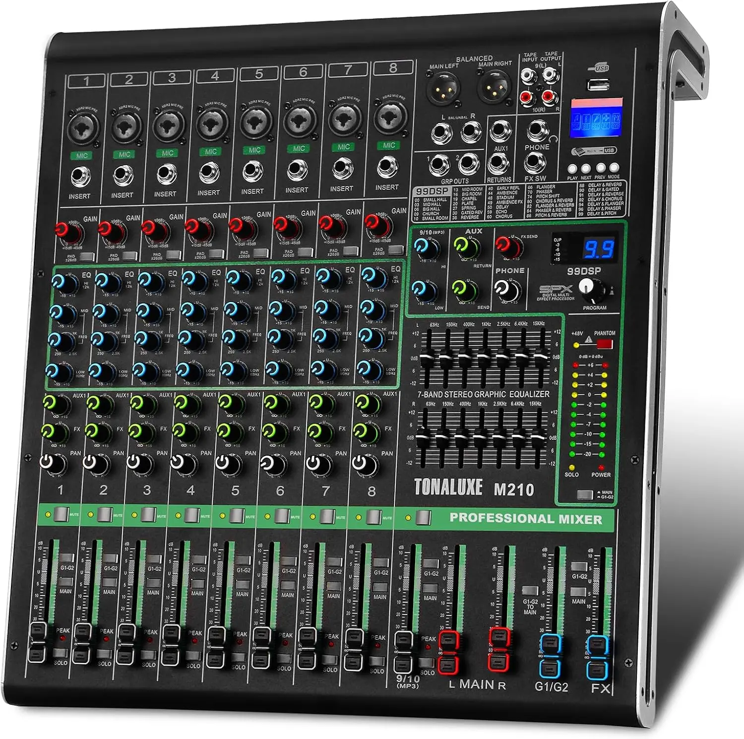 10-Channel Professional Built-in Amplifier Audio Mixer Board - 99 DSP Effects, Bluetooth Streaming, USB Port, 7-Band EQ, 1-Click Mute, 1-Touch Recording, Karaoke Compatible Studio-Grade Console for Live Performance, Console Use, DJ Mixing Boards