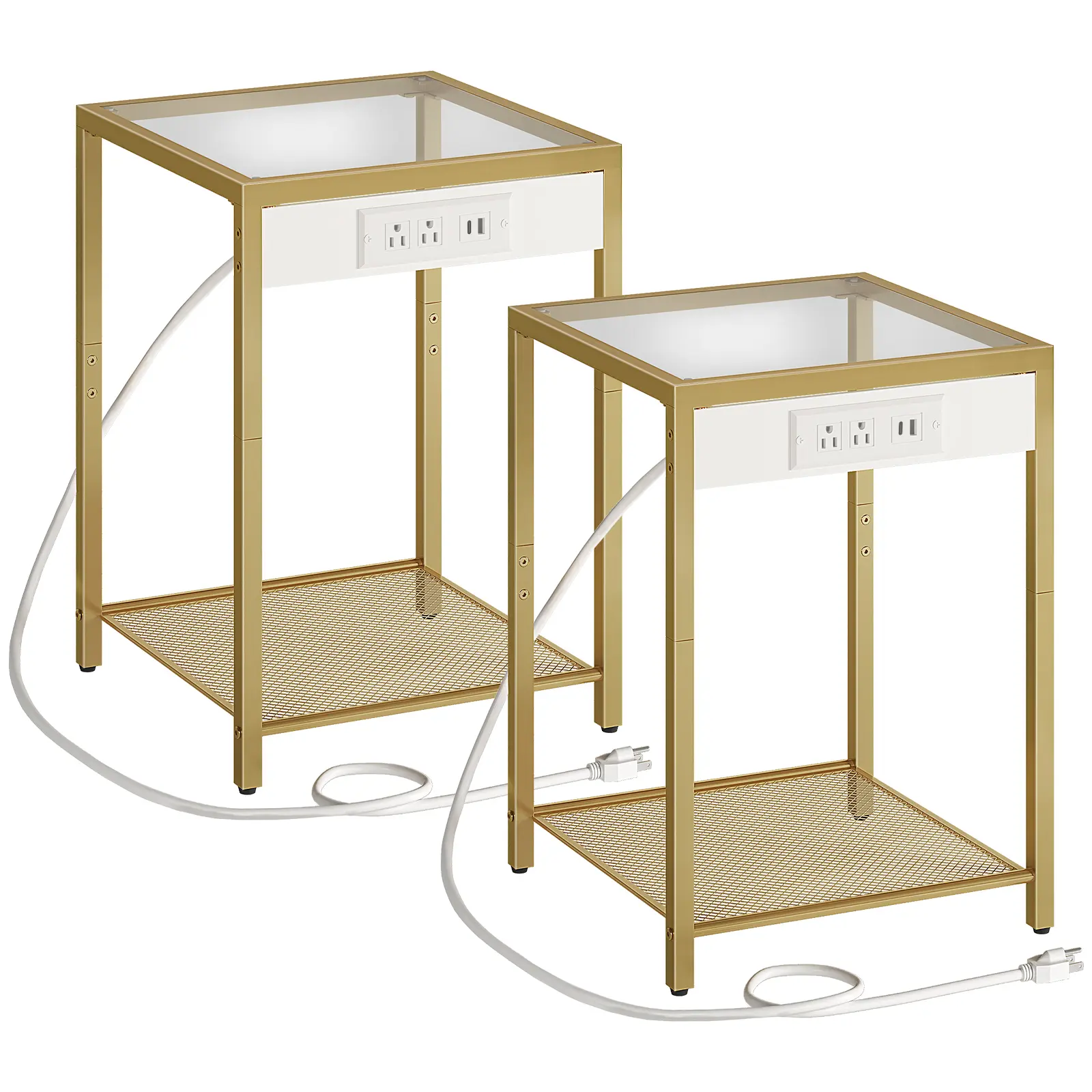 HOOBRO Sofa Side Table with Charging Station, Set of 2 End Tables with USB Ports, Nightstand for Tight Spaces, Tempered Glass, Modern Metal Frame, for Office, Bedroom, Living Room, Minimalist Design #SummerVibes