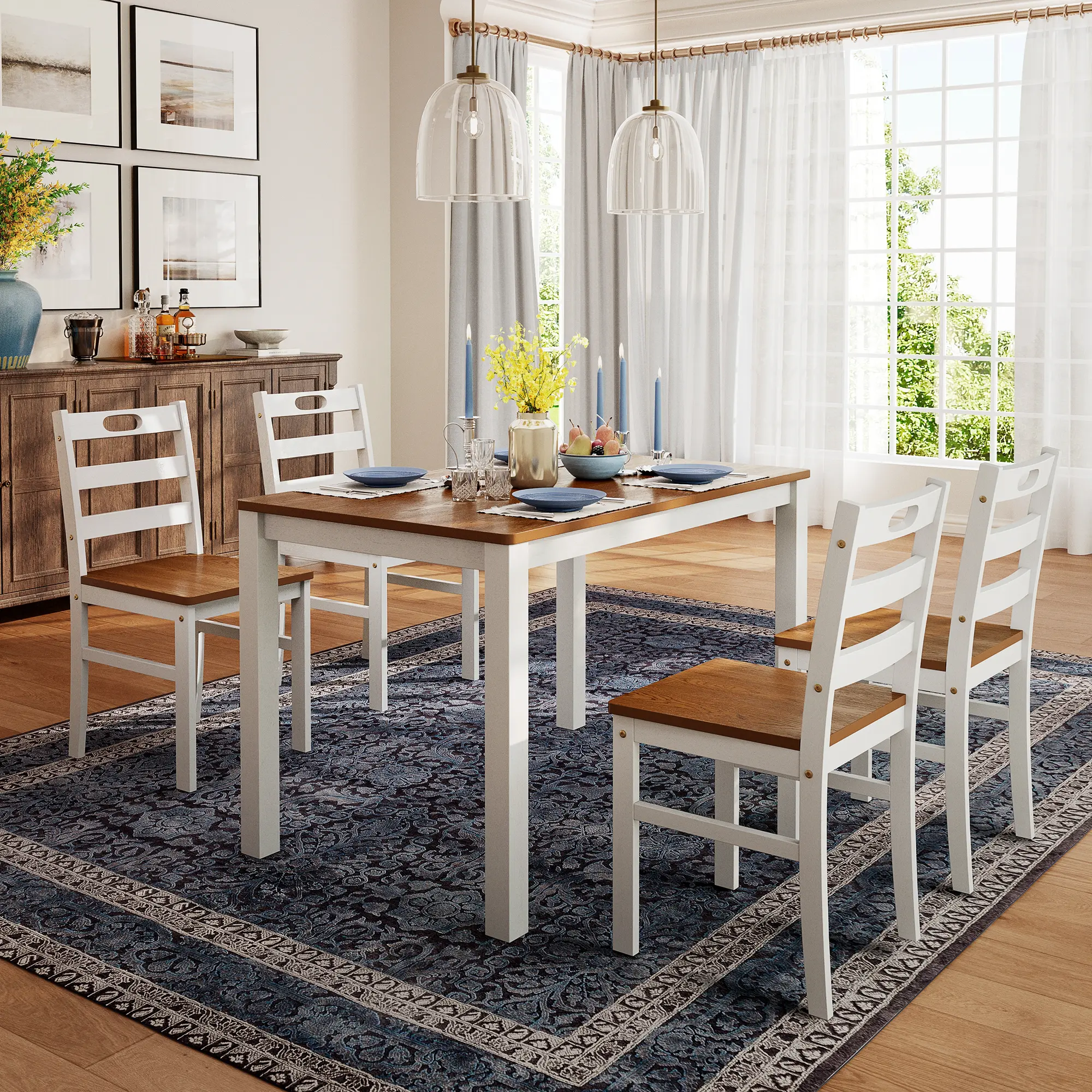 PHI VILLA Dining Table Set for 4, Classic Farmhouse Kitchen Table with 4 Chairs with Built-in Handle, Solid Wood Rectangle Dinner Table Set for Apartment Kitchen Restaurant
