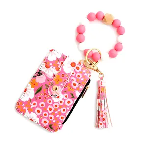 New European And American Document Package Cross-border Silicone Bracelet Floral Folding Card Holder Printed Wallet Keychain card bag Women's Boho Silicone Phone Wallet
