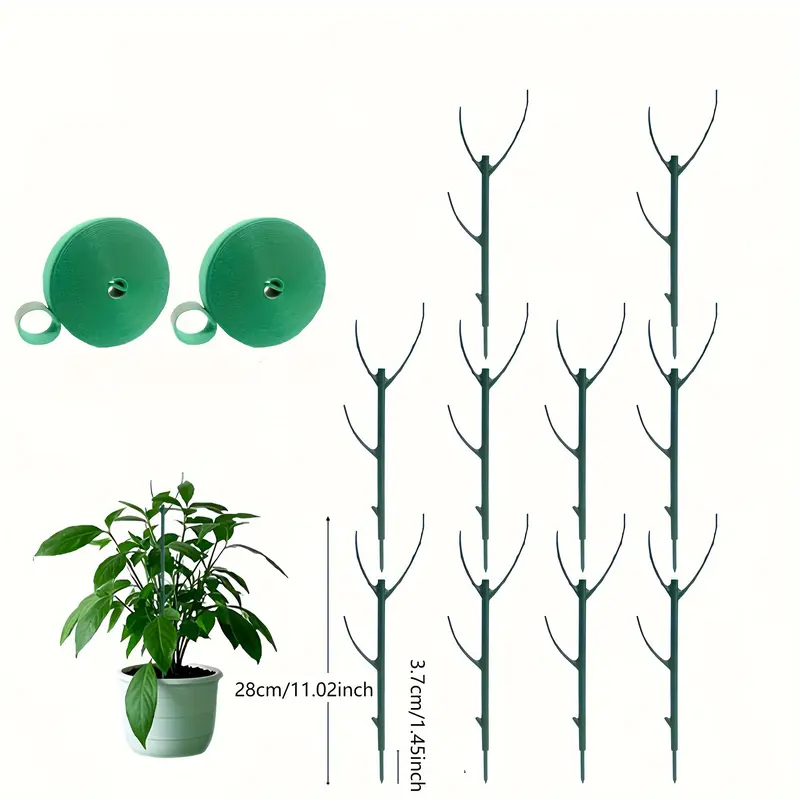 10 Pieces Stackable Plant Support Stakes with 2 Rolls of Tape - Green Plastic Cages for Tree Branch Fencing, Climbing Plants, and Indoor/Outdoor Potted Flowers, Climbing Plant Support|Leaf Design Stake|Durable plastic stakes, plant support clips
