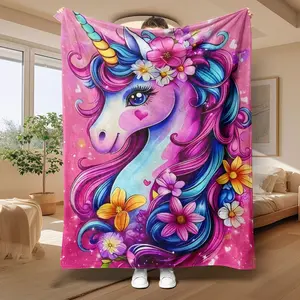 1pc Sparkling Floral Unicorn Blanket, Lightweight Flannel Gift Throw, Festival Present, Soft Warm Fabric, Digital Print, Home & Travel Use