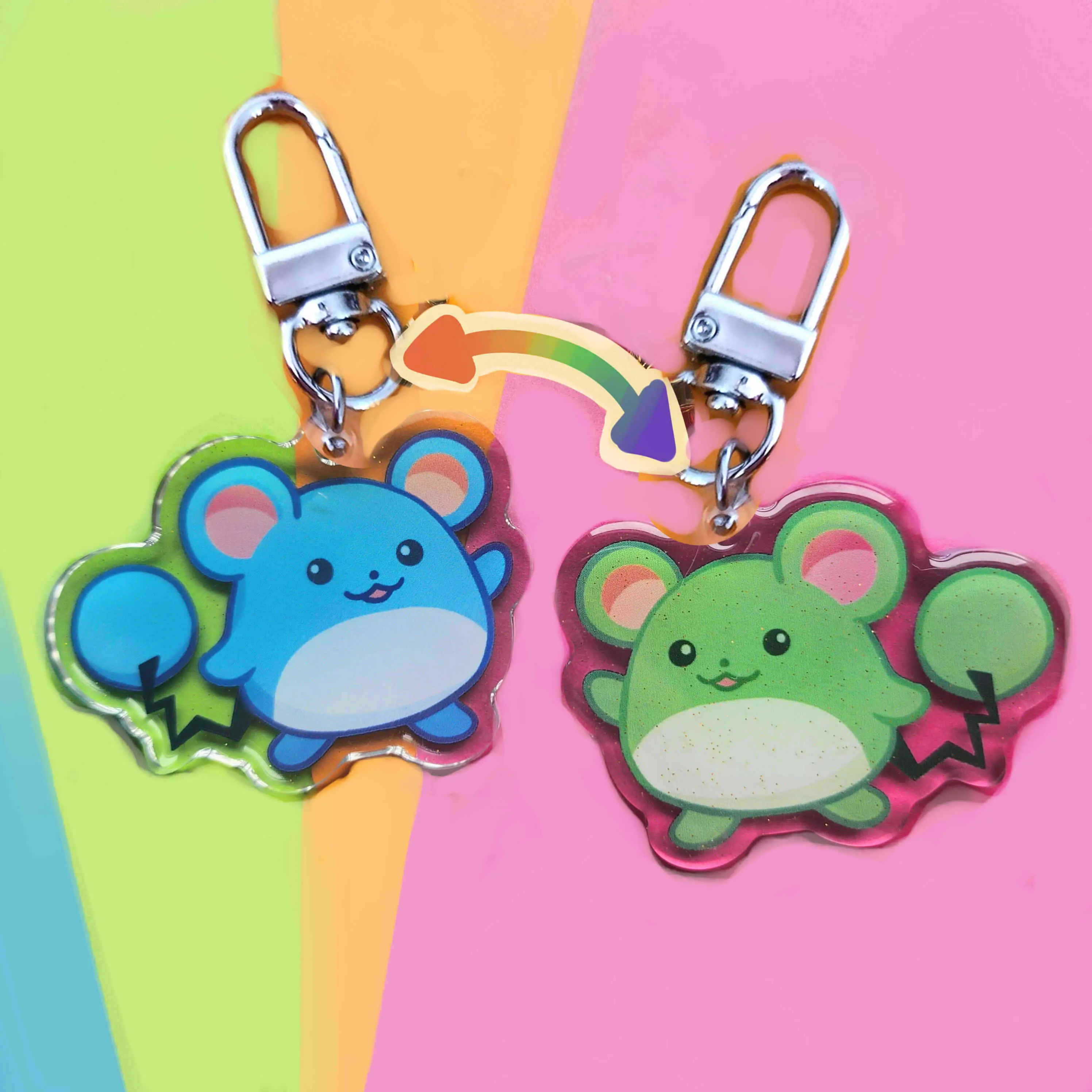 Mouse Double Sided Glitter Keychain - with Silver U-shaped Clasp