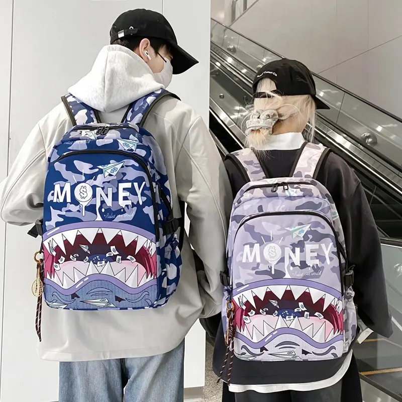 Two Colors Option Navy Lavender Camo Shark Mouth MONEY Letter Print Laptop Backpack Front Zipper Pocket Adjustable Side Buckle Straps Light Oxford Y2K Hip Hop Couple Street Teen Boys Girls Daily Campus Travel Storage Backpack