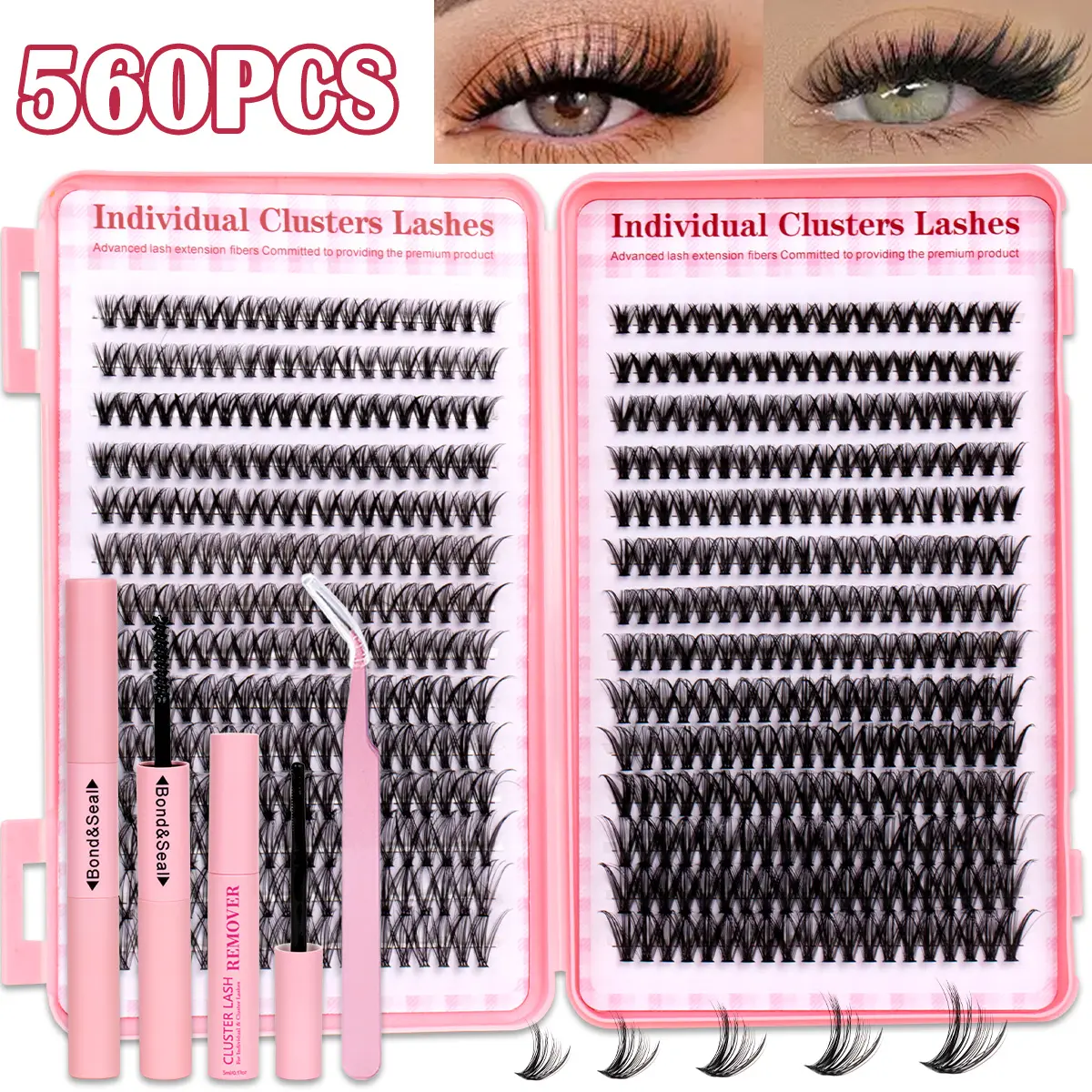560Pcs Cluster Eyelash Extension Kit, False Lashes, Voluminous False Eyelashes, Volume Lash Clusters, Individual Lashes, DIY Mixed Length Lashes, 30D40D, D Curl, Waterproof Long-Lasting, Includes Bond&Seal + Remover+ Tweezers