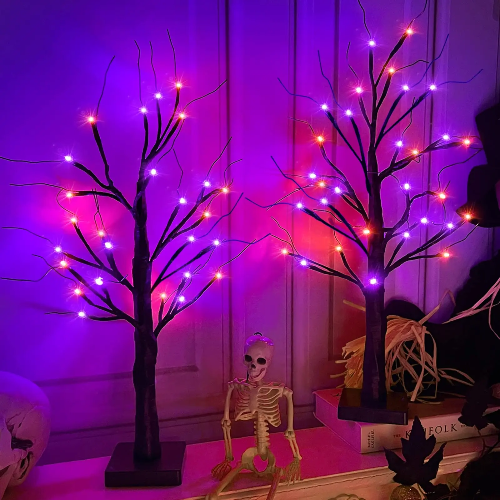 Timer - 2 Pack 24 Inch 48 LED Orange & Purple Light Halloween Tree Halloween Decorations, Tabletop Artificial Black Spooky Birches Tree with Timer Battery Operated Halloween Decor Indoor Party