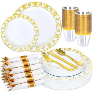 175 Pcs Christmas Dinnerware Set Disposable Winter Snowflake Include,Gold Cups,Pre Pre Rolled with Gold Silverware for Winter (25 Guests)