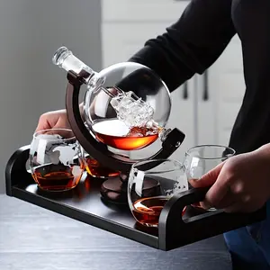 World Globe Whiskey Decanter Set - 2 Glasses, 30oz/910ml Glass Carboy with Etched Globe Design and Ship Inside