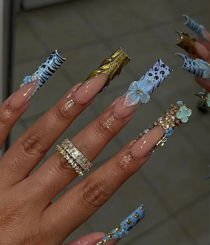 Sugar Nail Art US 3D Baby Blue Press On Nails Rhinestone Flower Nail Art Trendy Y2K Handmade Glam Luxury Nails for Party