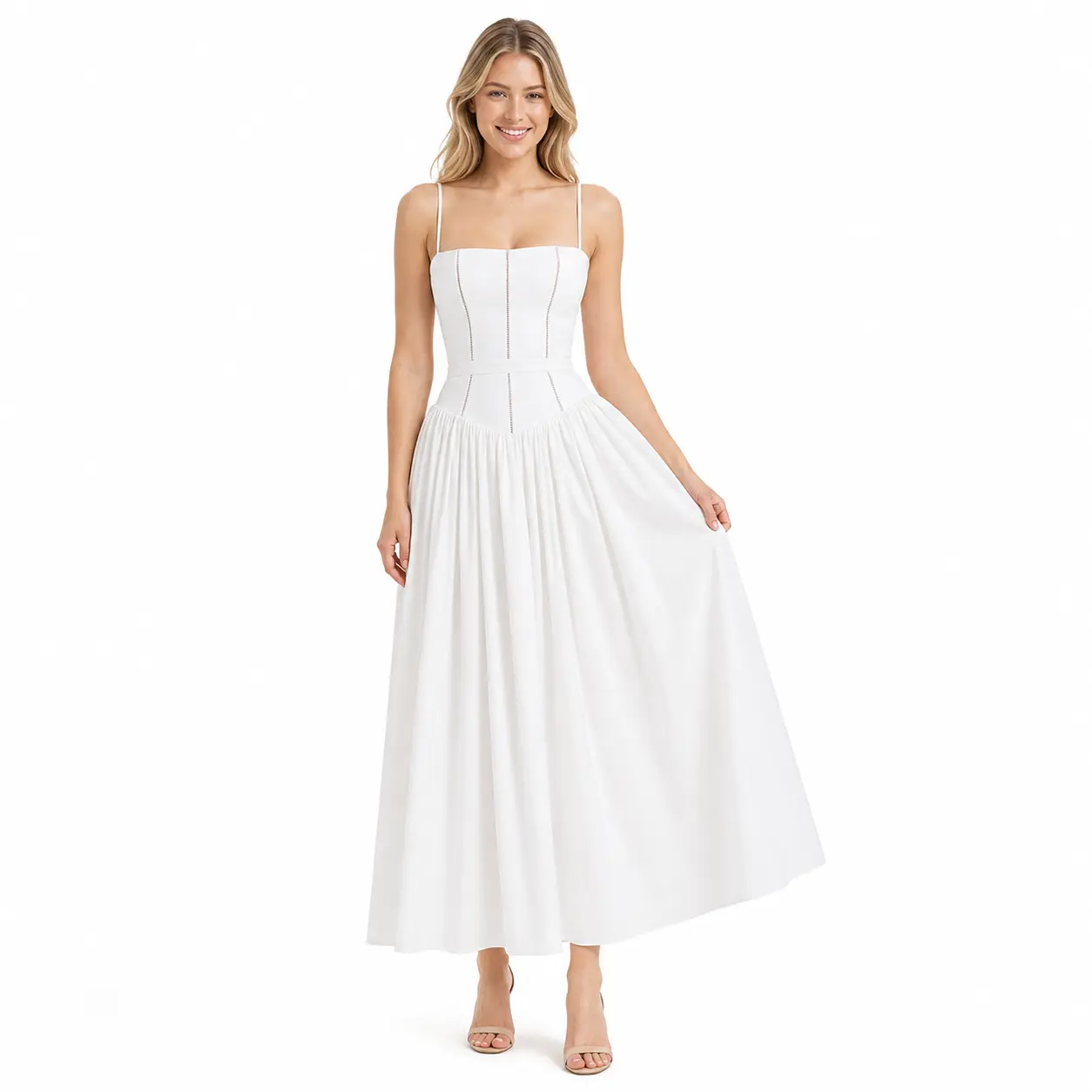 Women's Solid A-Line Midi Dress, Chic and Comfortable Polyester Jacquard with Spaghetti Straps and Slim Waist for Summer Parties, A-Line Cut, Polyester Jacq., Piece, Elegance, Casual