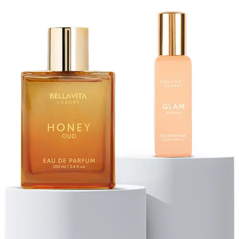 BellaVita Luxury Honey Oud & GLAM Woman Perfume Bundle | Eau De Parfum 100ml + 20ml Mini | Long-Lasting Floral, Spicy & Sweet Notes | Patchouli, Vanilla, Jasmine & Rose | Clean, Vegan & Cruelty-Free Fragrances