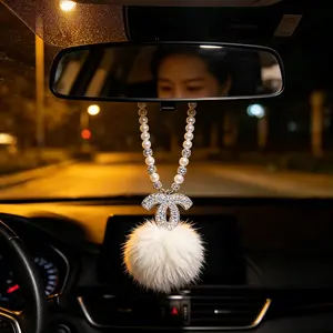 Double C Rhinestone Car Pendant, Luxury Sparkling Style, Pearl Chain Rearview Mirror Charm, Girls' Car Interior Decoration, Car Hanging Decoration, Girly Car Accessories
