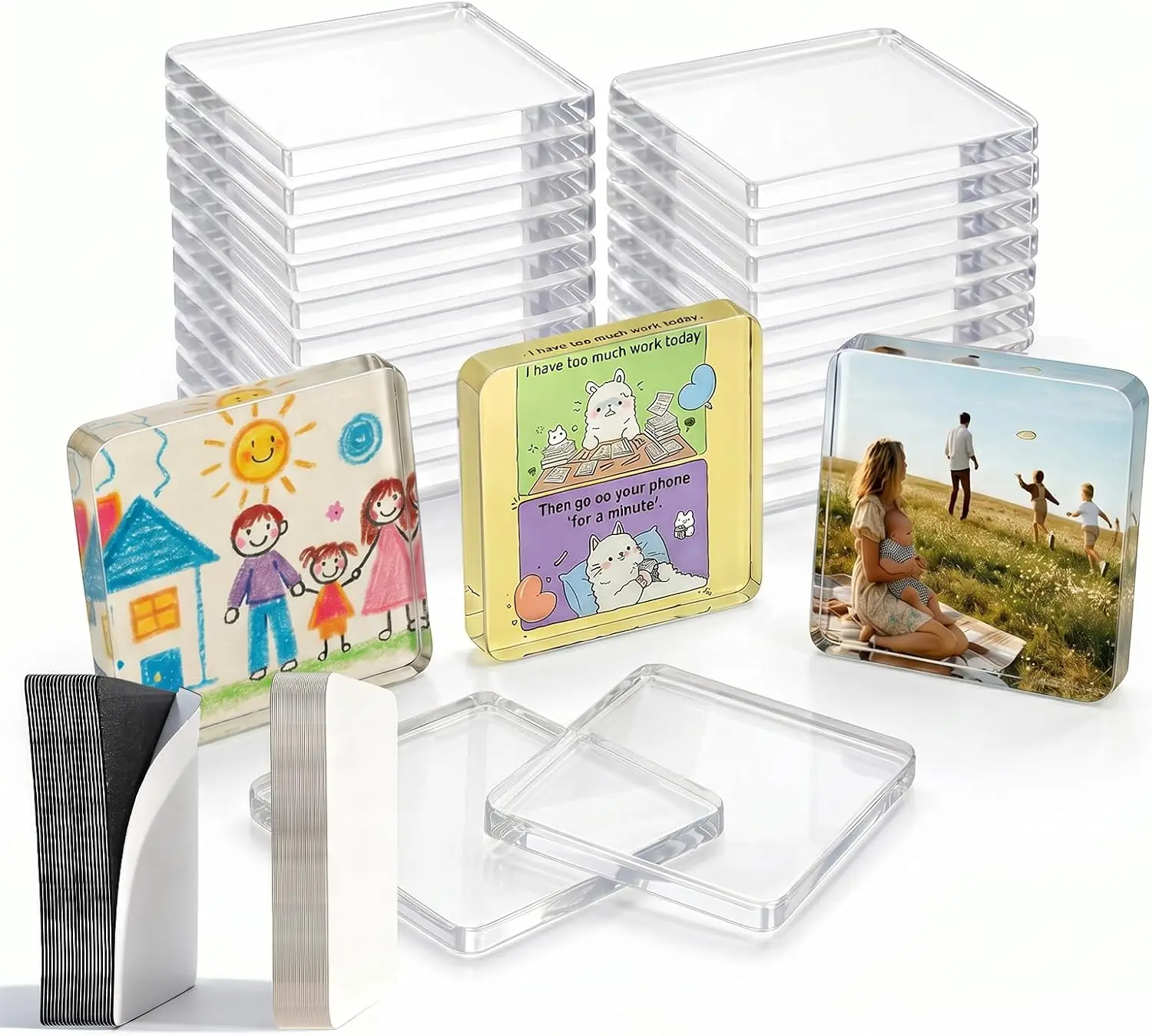 10，20 Pack Clear Acrylic Fridge Magnets - DIY Magnetic Photo Frames with Magnet & Adhesive Backing. Bulk Craft Kit Includes 26 Blank Cards & Organizer Box for Office Decor, Gifts & Art.