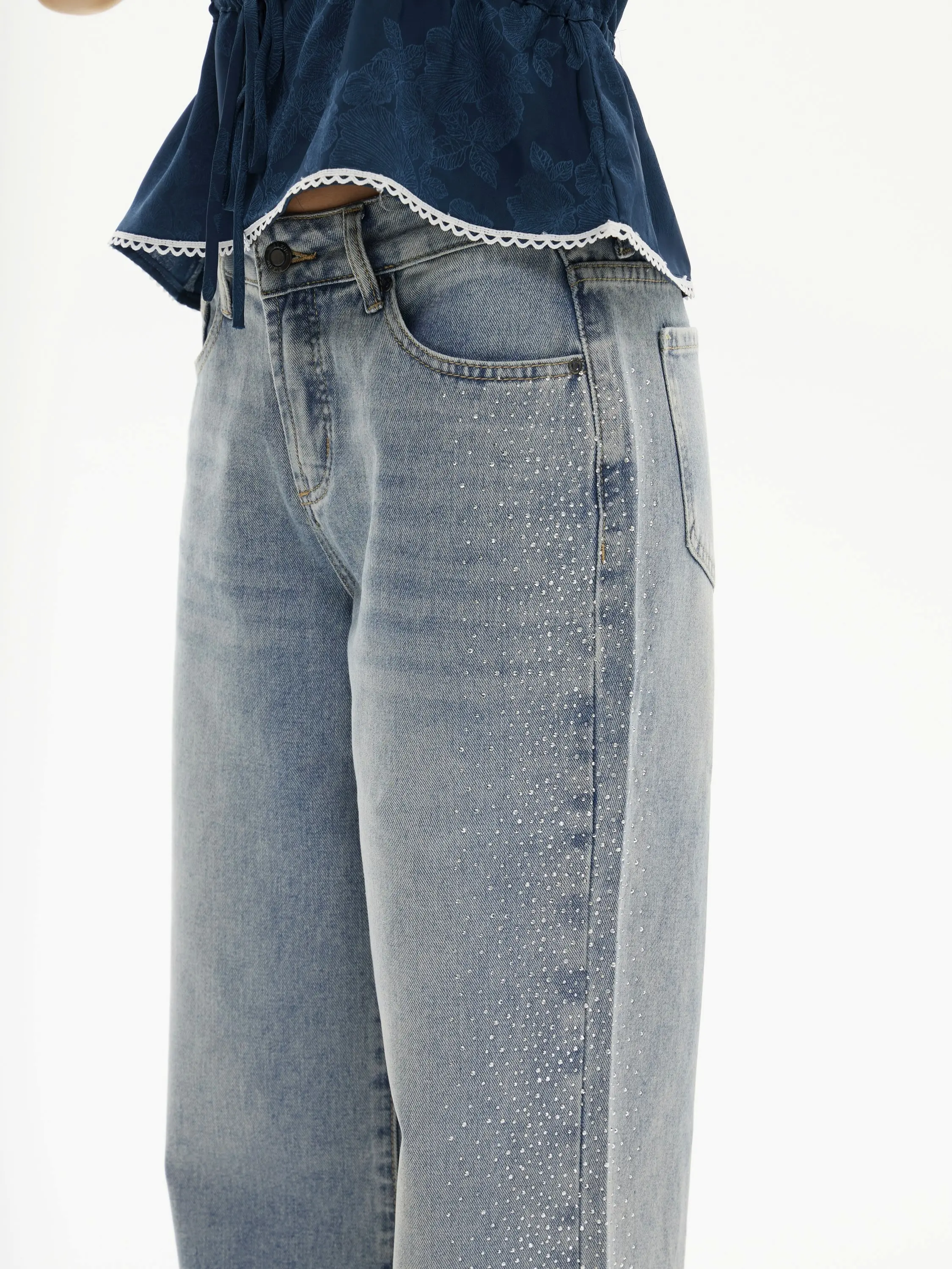 BLEU Women’s Vintage Diamond Pattern Wide Leg Jeans, Casual Streetwear Denim Pants