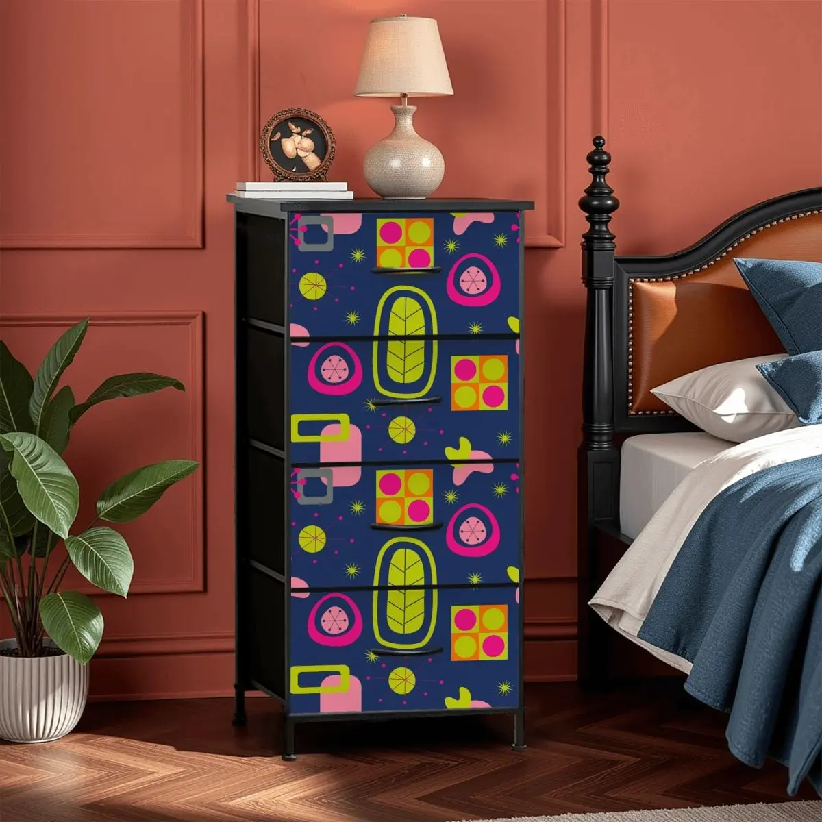 Mid Century Modern Atomic Navy Blue Bright Pink Green 4-Drawer Dresser