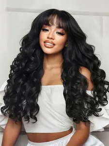 Long Curly Fiber Wig with Bangs, Romantic French Style, Suitable for Daily Use, Weddings, Role Playing, Synthetic Curly Wigs
