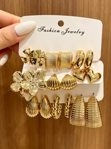 9-Piece Women's Fashion Hoop Earrings Set, Casual Trendy Jewelry, Vintage Elegant Chunky Floral Heart Thread Drop Irregular Earrings, Perfect for Daily Wear