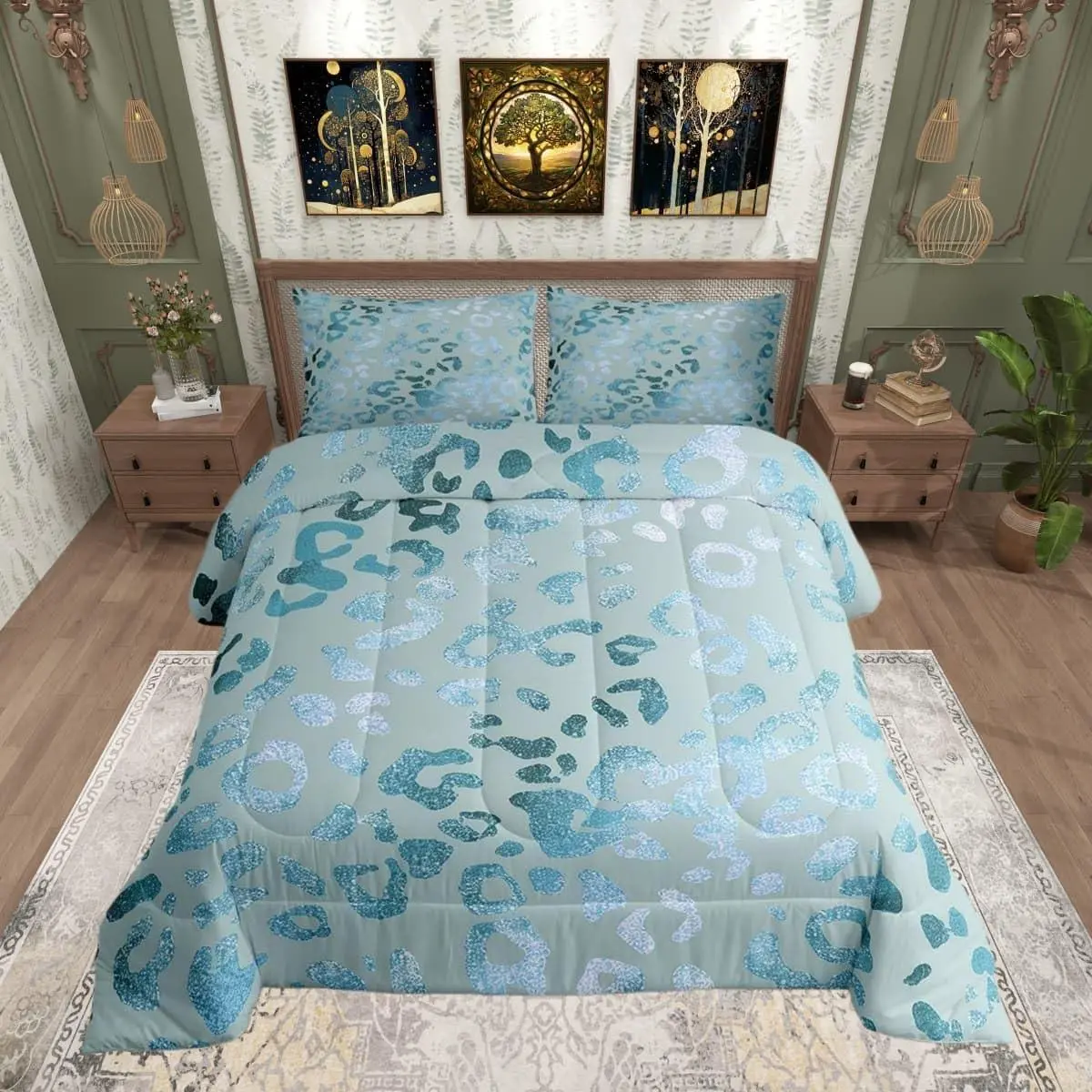 Blue Leopard Printed Comforter Set,Blue Glitter Bedding Set Women,Adults Cheetah Printed Comforter,Wild Animal Skin Quilted Duvet Set Bedroom Collection