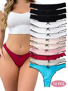 DORSU Multicolor Comfort Stretch Cute Thongs Panties Womens Cotton Thongs Soft Comfort Underwear Panty Multipack low-waisted Thong Panty Pack Hi-cut Lettuce Trim Underpants Breathable Briefs Everyday underwear for women thong panties Womenswear