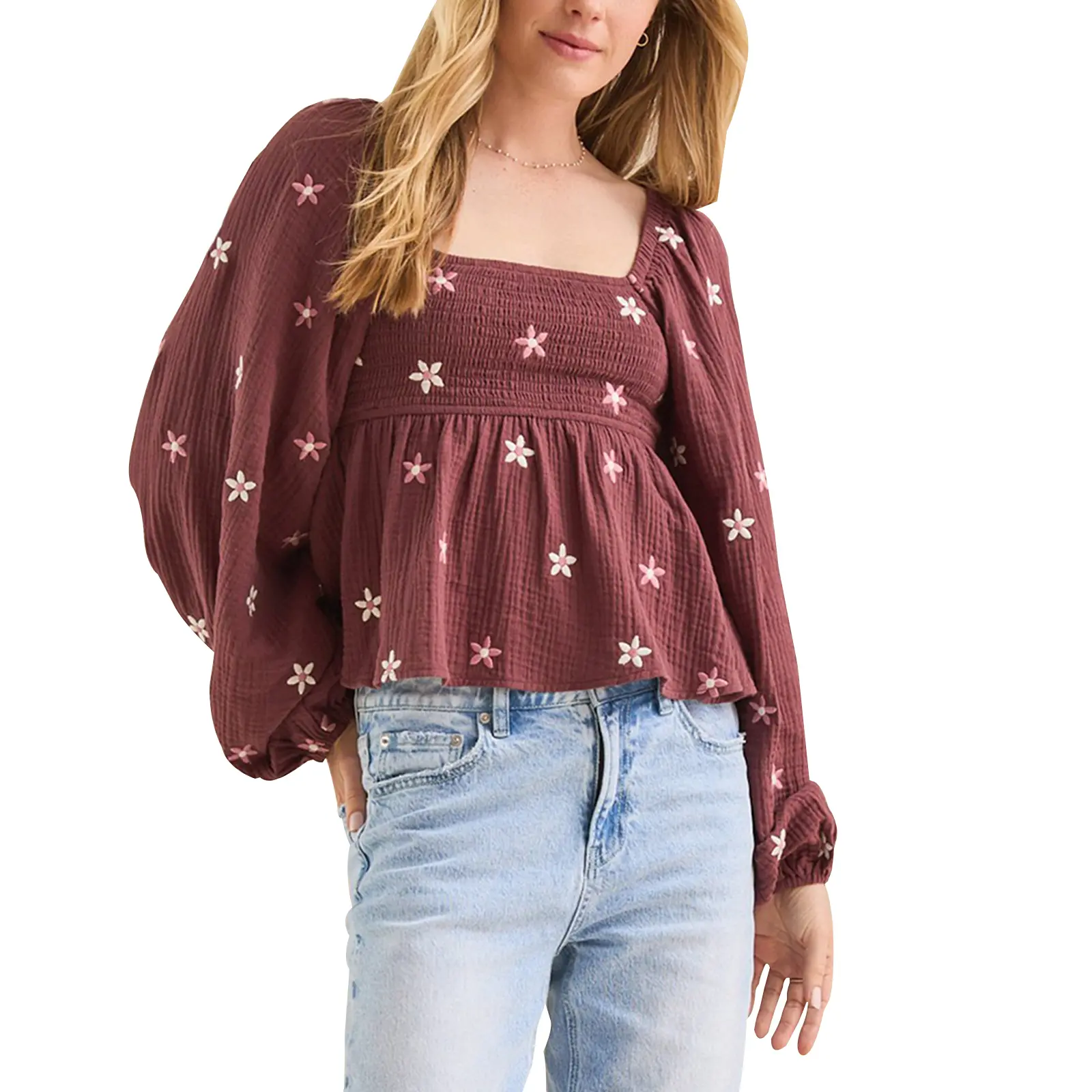 Women Floral Embroidered Blouses Ladies Female Long Balloon Sleeve Smocked Square Neck Vintage Shirts Casual Fall Tops Womenswear Streetwear