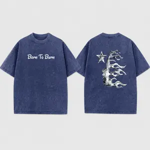 Men’s Washed Blue Flame Face Graphic T-Shirt,  Star Print Tee, Oversized Streetwear Short Sleeve Top
