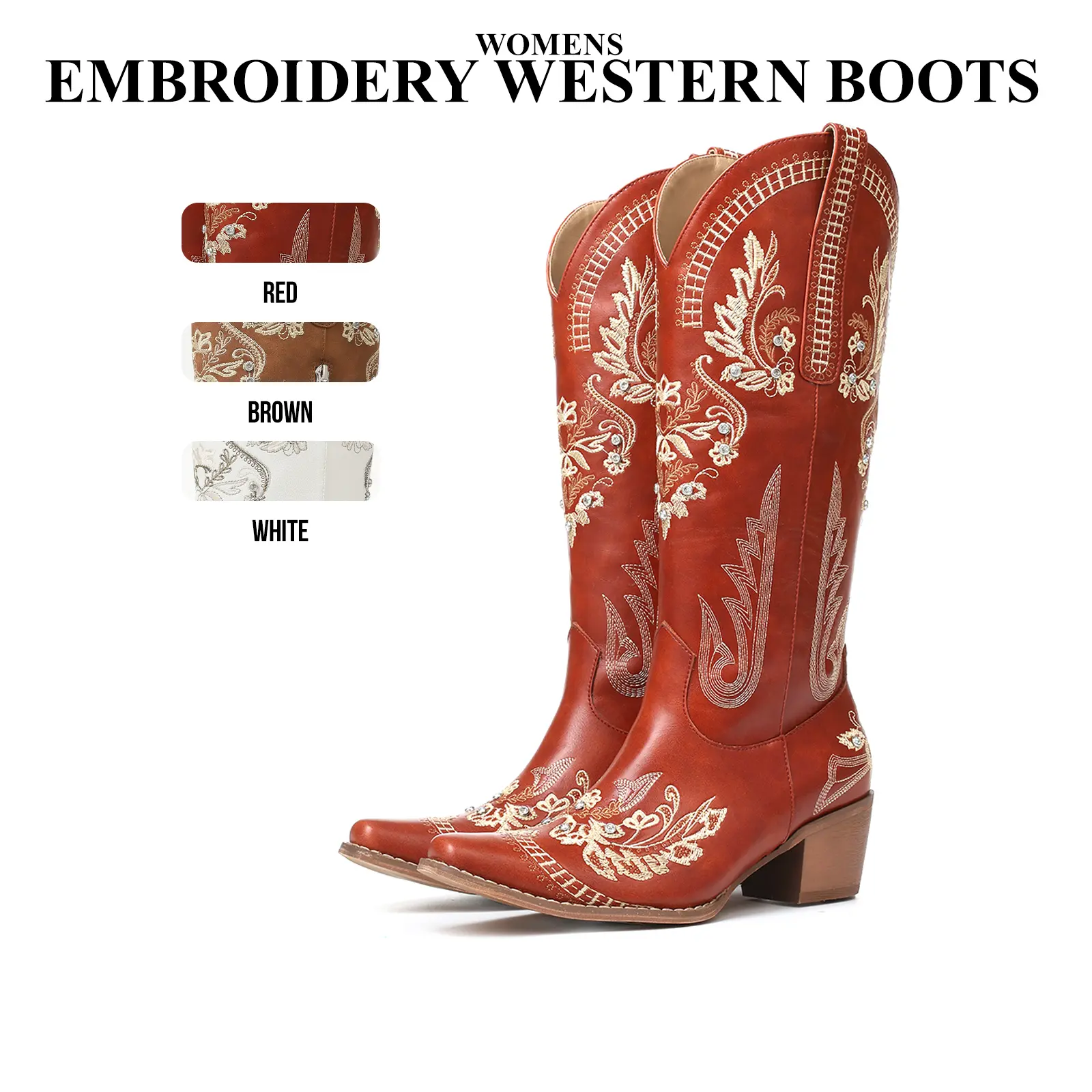 CYNLLIO Cowboy Boots for Women Pointed Toe Chunky Block Heel Sparkly Rhinestone Embroidery Retro Wide Calf Zipper Closure Knee High Western Country Dance Boots