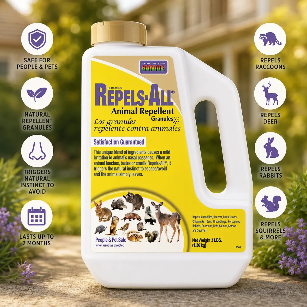 Bonide Repels-All Animal Repellent Granules, 3 lbs. Ready-to-Use Deer & Rabbit Repellent, Deter Pests from Lawn & Garden | Ready-to-Use, Deer & Rabbit Repellent, Deter Pests from Lawn & Garden