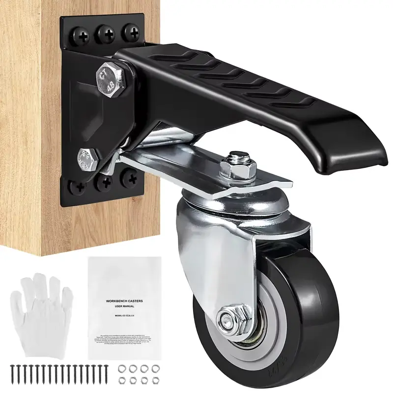 Set of 4 Side-Mounted Retractable Stepdown Workbench Caster Wheels, 165 lbs Load Capacity, 2.5" Size, 360° Swivel for Tables & Equipment
