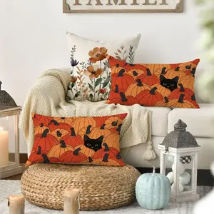 2pcs Fall Pumpkins Throw Pillow Cover 12x20 Inch, Black Cat Seasonal Autumn Thanksgiving Harvest Decoration for Sofa Couch Farmhouse Home Decorative Cushion Cover