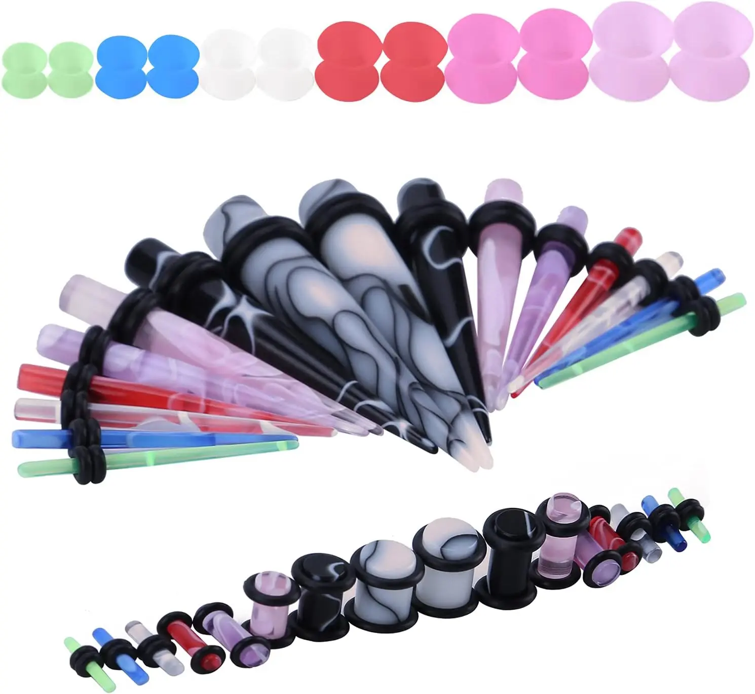 48pcs Ear Stretching Kit Set : Acrylic Tapers and Plugs with Double O-Ring & Soft Silicone Tunnels Ear Expander Gauges Stretcher Body Piercing Jewelry 14g-00g