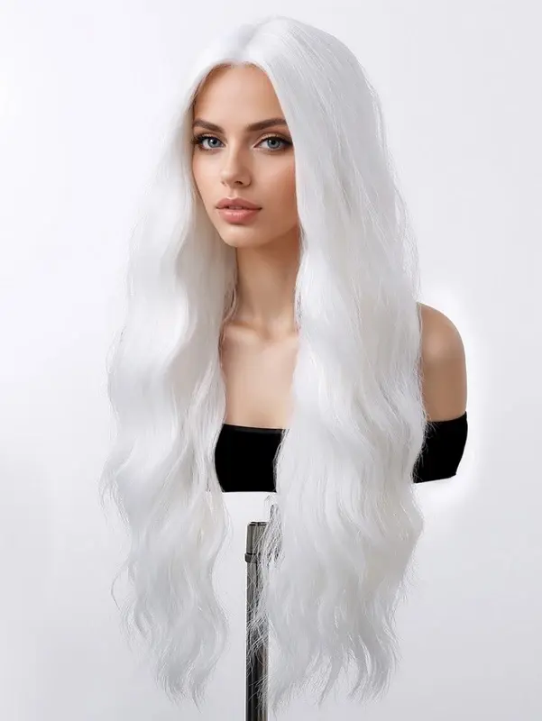 New Long Curly Silver White Synthetic Wavy Wig Medium Part Water Wave Wigs For Women Daily Cosplay Halloween Colorfull Fake Hair
