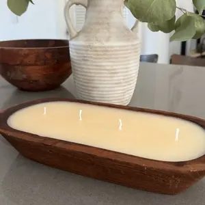 Farmhouse Brown Rustic Wooden Dough Bowl Candles for Table 4 Wicks Decor Centerpiece Cozy Decorative