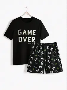 Summer Men's Sleepwear Set, Casual Comfort Letter Print Short Sleeve and Cartoon Shorts, Men's Home Clothing Set