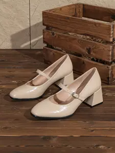 Fashionable Elegant Women's Mary Jane Heeled Shoes, Buckle Fastening Square Toe Design, Lightweight Breathable All-Season Party Shoes
