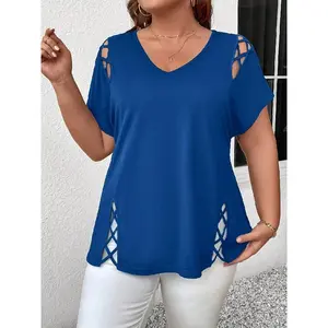Plus Size - Plus Size - Elegant Plus Size Women'S Top T-Shirt - Chic Purple Short Sleeve with Crisscross Detail, V-Neck, Medium Stretch Fabric, Perfect for All SeasonsGift