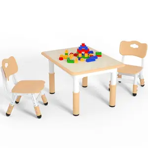 Kids Table and 2 Chairs Set，Height Adjustable Children Table & Chair，Toddlers Study Multi-Activity Table with 31.5"x23.6" Wipe-Clean Desktop，for Classrooms, Homes & Daycares, Brown