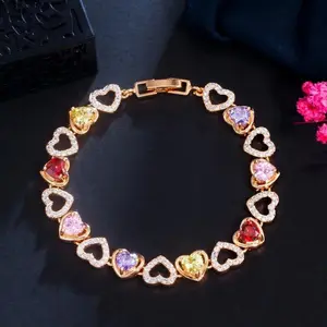 Gold Plated Heart Shaped Cubic Zirconia Tennis Chain Bracelet for Women/Girls