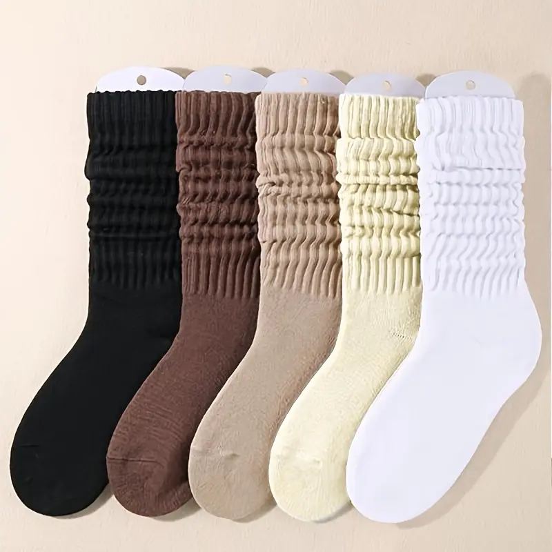 5-Pair Women's Solid Crew Socks, Slouchy and Cozy Mid-Calf Length for Maximum Comfort, Soft, Breathable, and Ideal for Fall & Winter-Perfect for Daily Wear, Machine Washable for Hassle-Free Care and Long-Lasting Durability, Womenwear