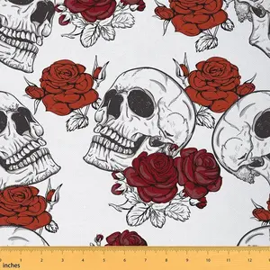 Rose Skull Fabric by The Yard,1 Yard,Red Floral Retro Skeleton Upholstery Fabric,Halloween Gothic Romantic Flowers Fabric